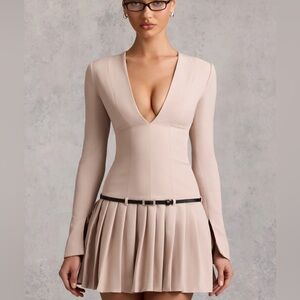 Oh Polly Beige Long Sleeve Dress (Belt Included)